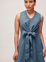 Women's Slate Blue Linen Front Tie Dress