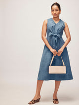 Women's Slate Blue Linen Front Tie Dress