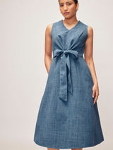Women's Slate Blue Linen Front Tie Dress