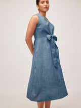 Women's Slate Blue Linen Front Tie Dress