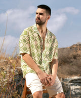 Men's Grass Green and Pale Yellow Geometric Block Oversized Shirt