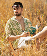 Men's Grass Green and Pale Yellow Geometric Block Oversized Shirt