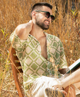 Men's Grass Green and Pale Yellow Geometric Block Oversized Shirt