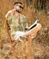 Men's Grass Green and Pale Yellow Geometric Block Oversized Shirt