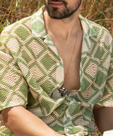 Men's Grass Green and Pale Yellow Geometric Block Oversized Shirt