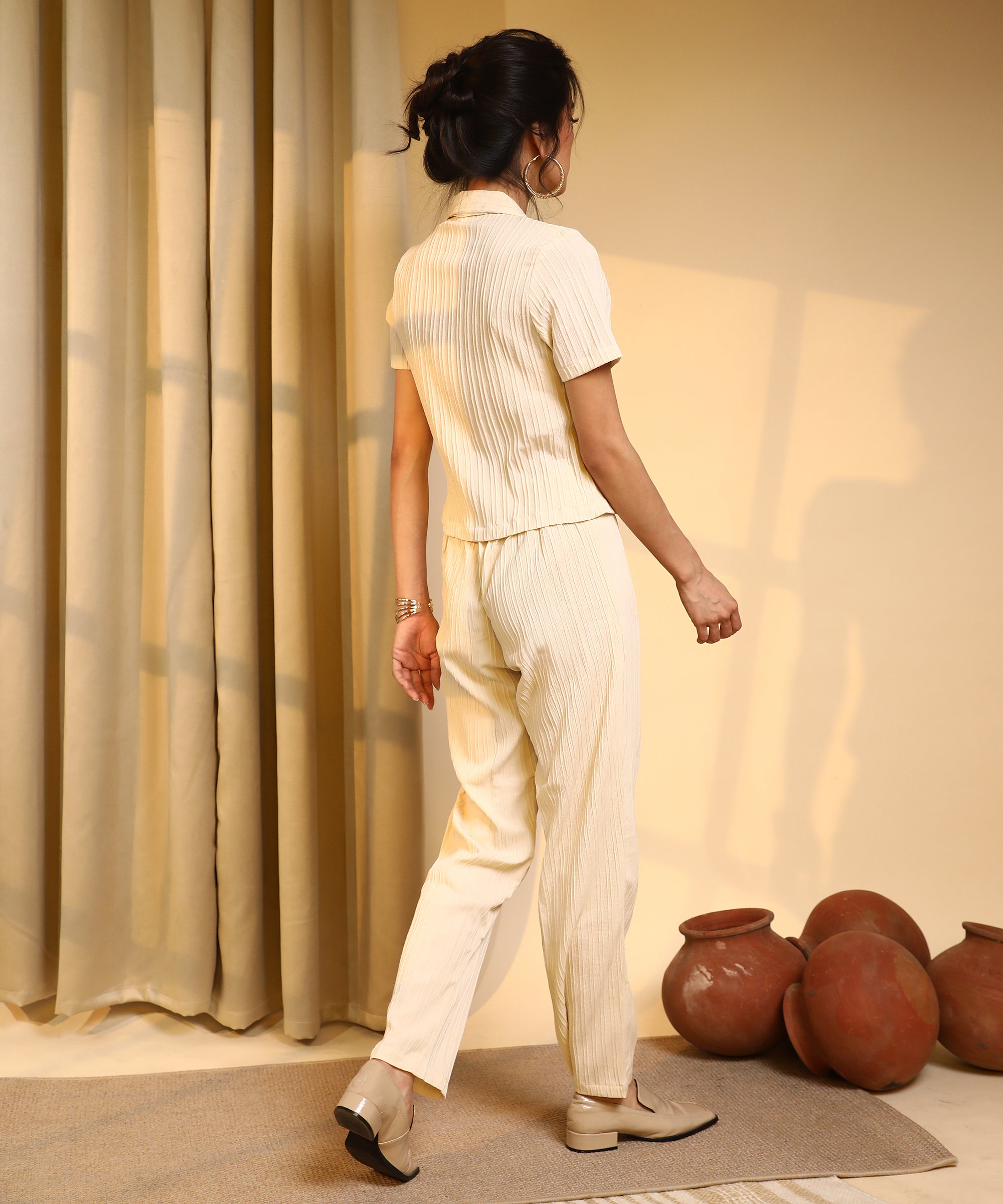 Women's Pale Yellow Textured Casual Co-Ord Set