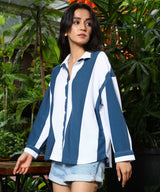 Women's Prussian Blue & Chalk White Striped Boxy Shirt