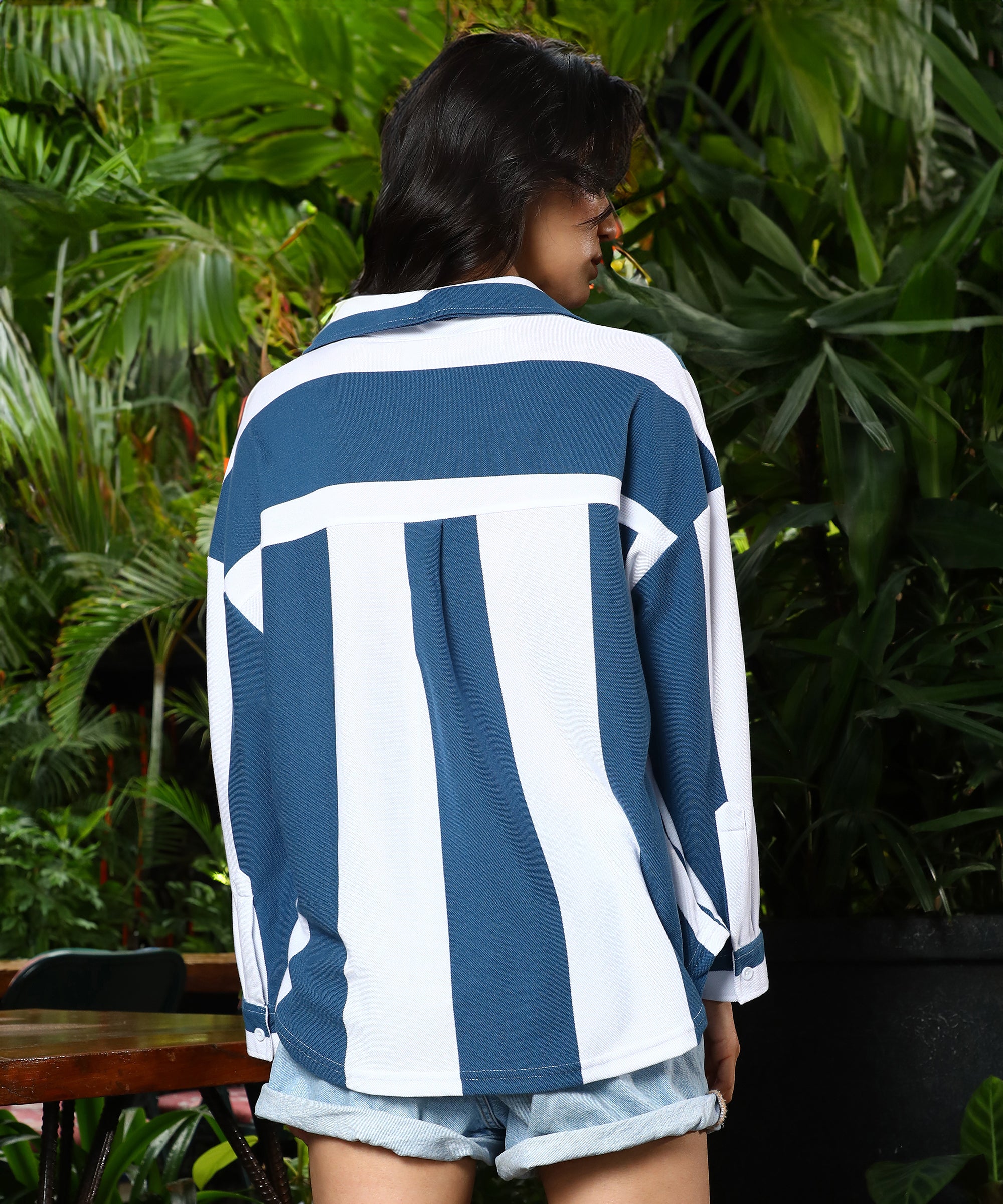 Women's Prussian Blue & Chalk White Striped Boxy Shirt