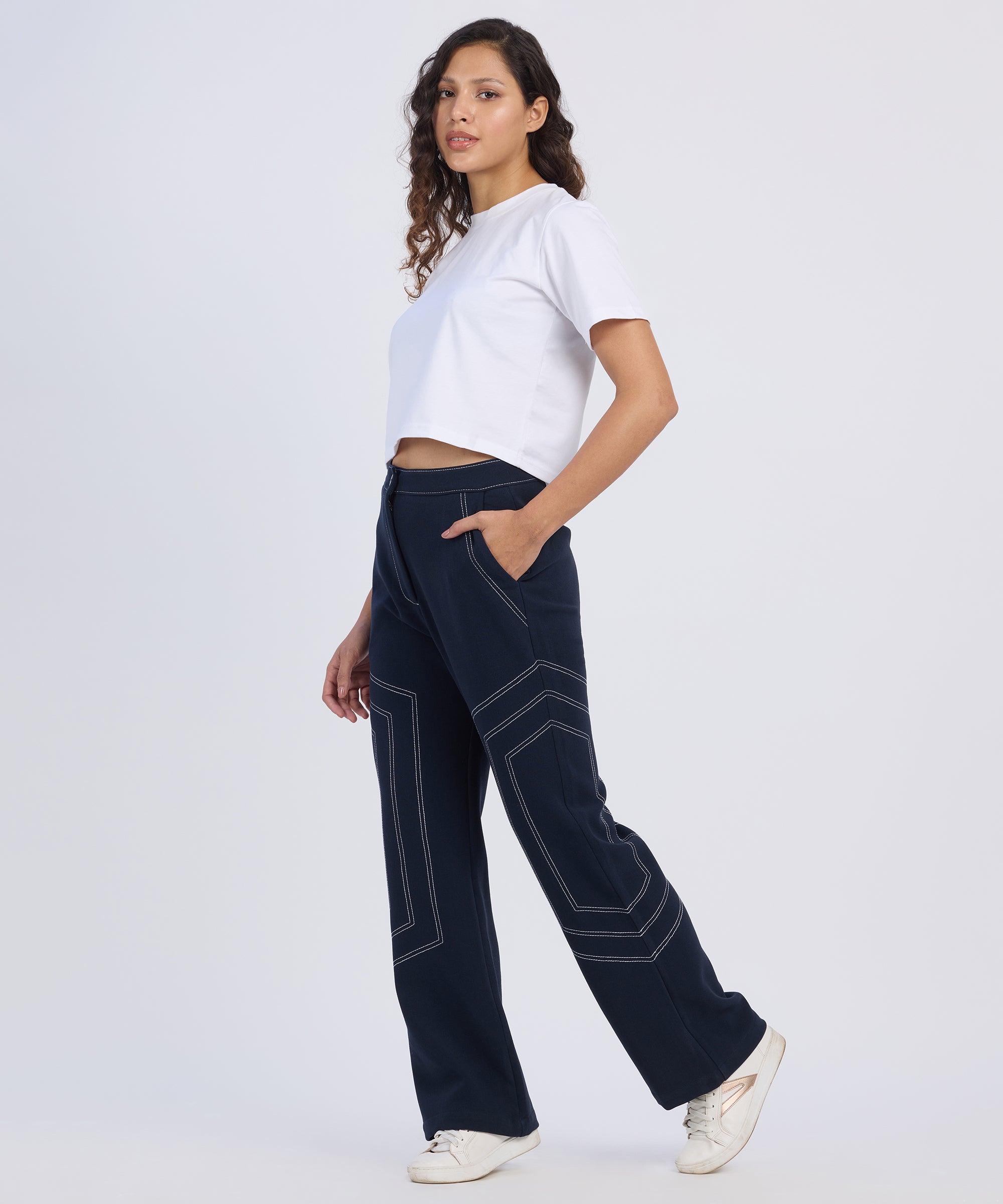 Women's Prussian Blue Hexagonal Straight-Fit Trousers