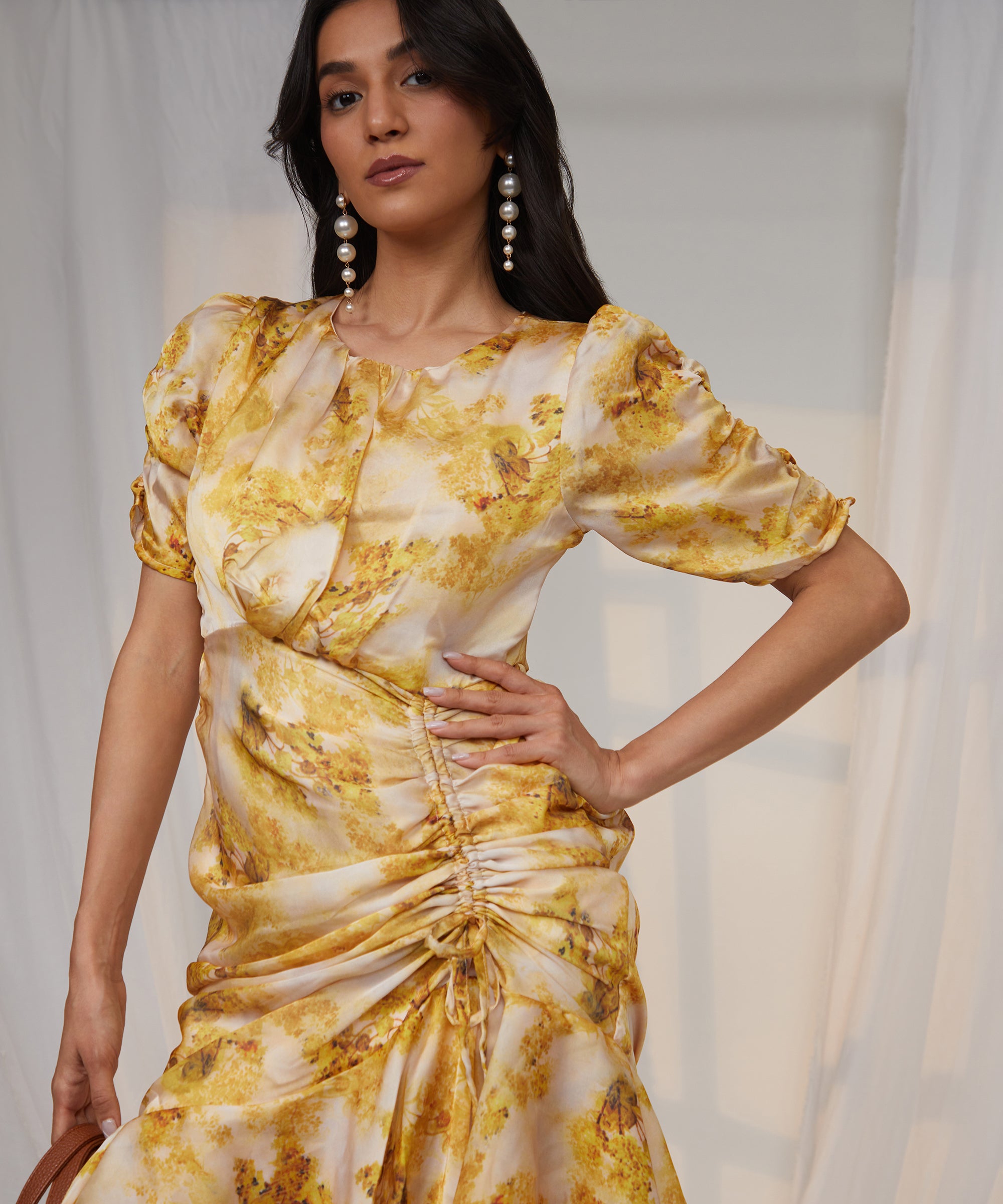 Women's Mustard Yellow Blurry Draped Dress
