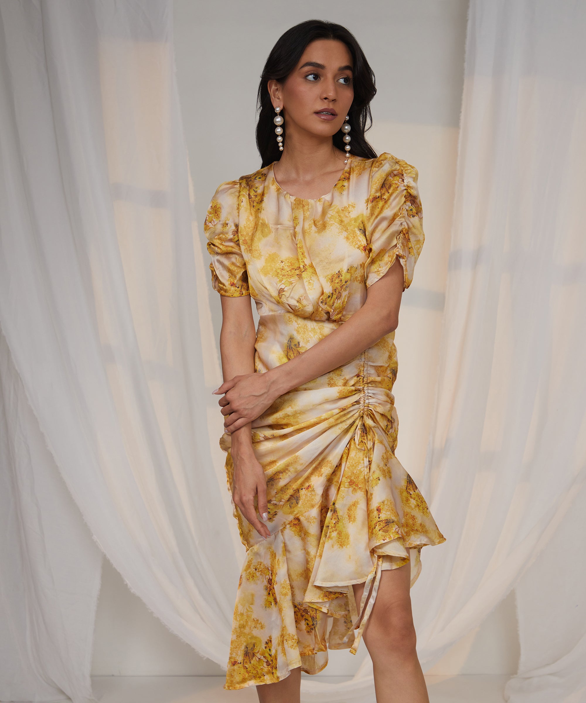 Women's Mustard Yellow Blurry Draped Dress