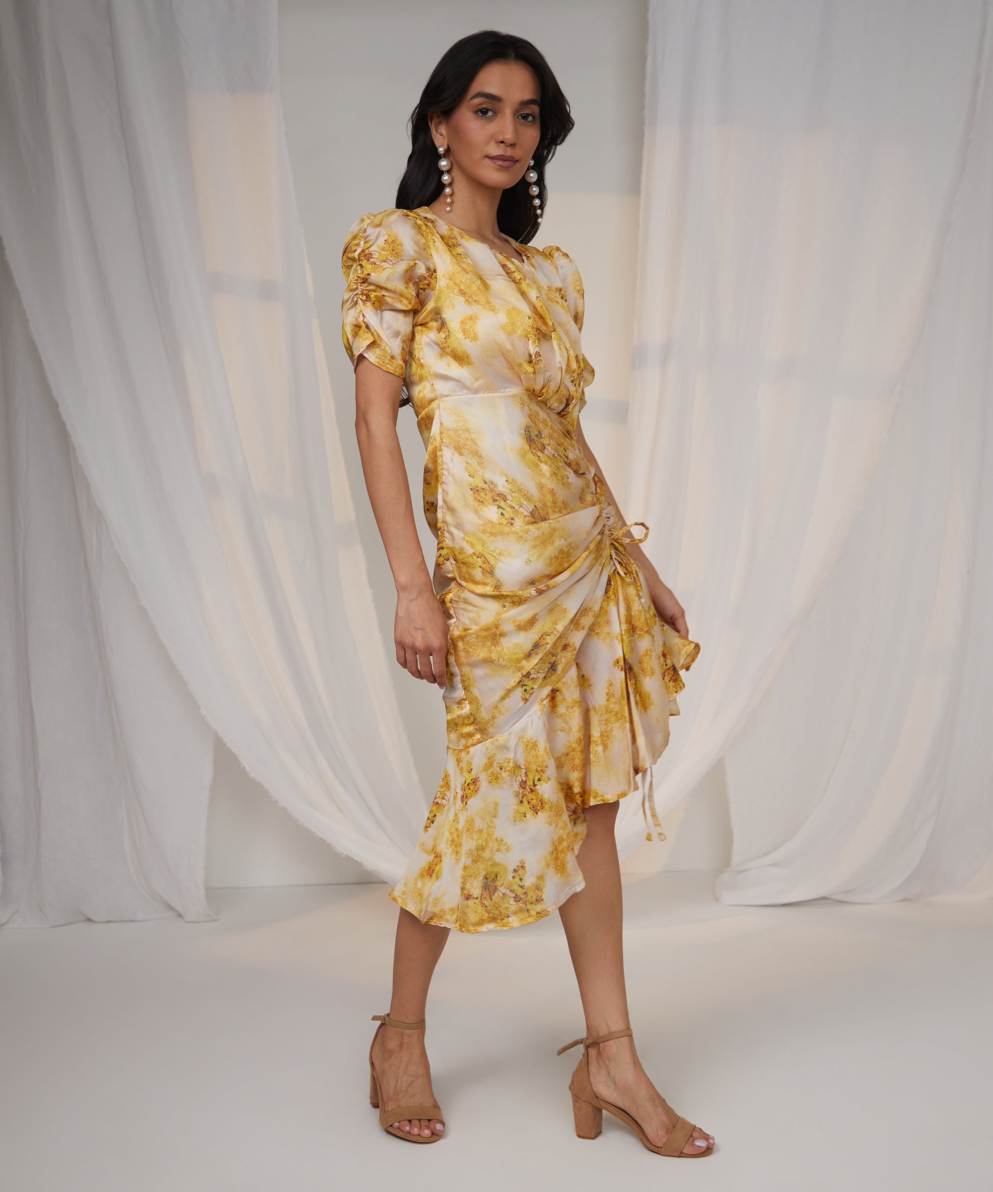 Women's Mustard Yellow Blurry Draped Dress
