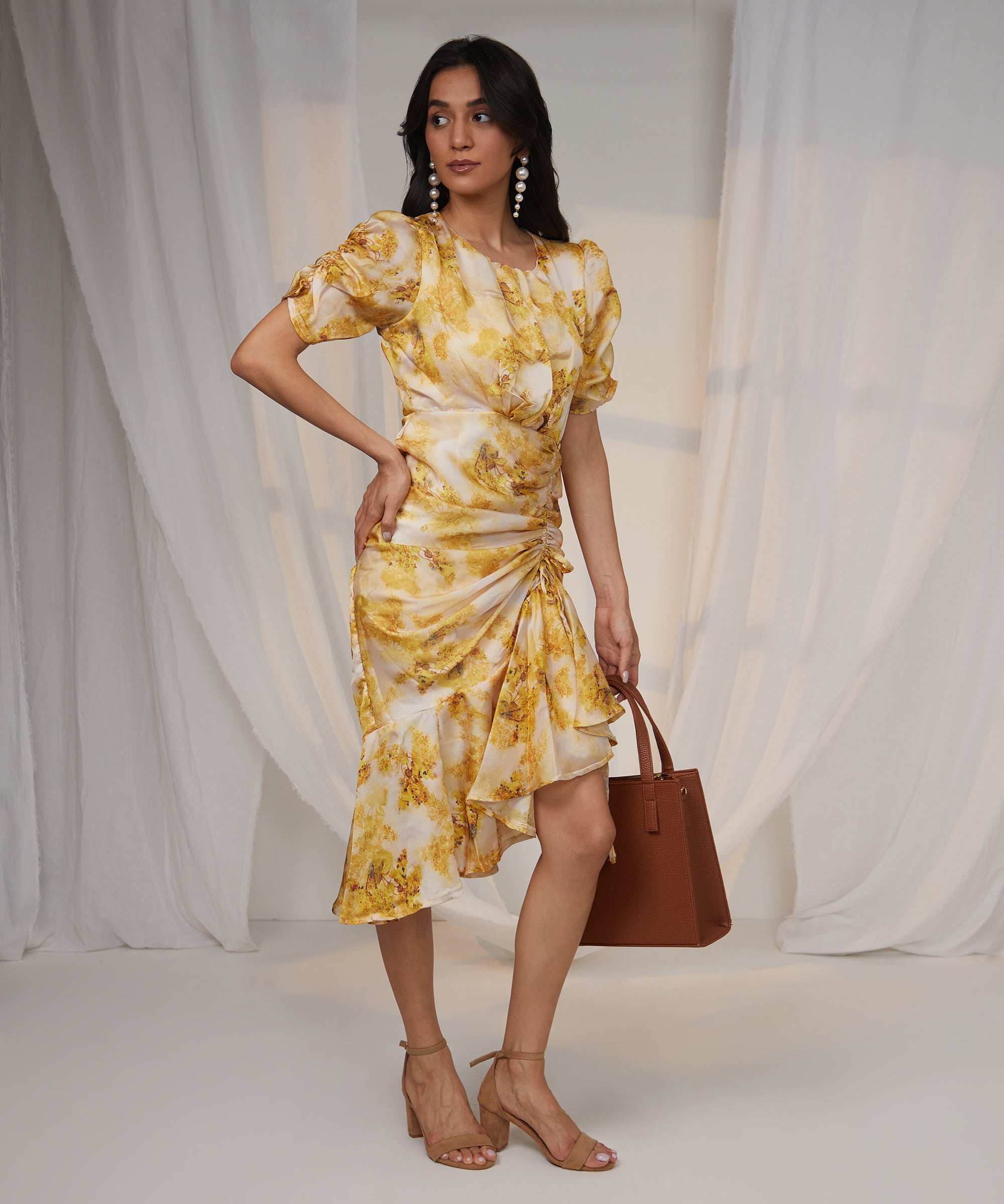 Women's Mustard Yellow Blurry Draped Dress