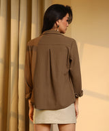 Women's Mocha Brown Ribbed Striped Shirt