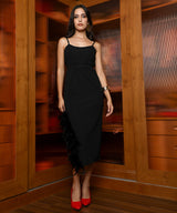 Women's Onyx Black Fluff-Slit Midi Dress