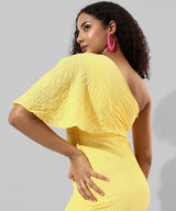 Women's Solid Yellow One-Shoulder With Ruffle Detail Dress