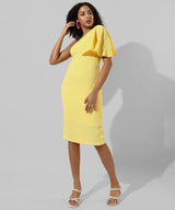 Women's Solid Yellow One-Shoulder With Ruffle Detail Dress