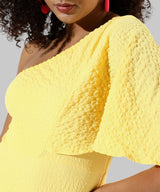 Women's Solid Yellow One-Shoulder With Ruffle Detail Dress