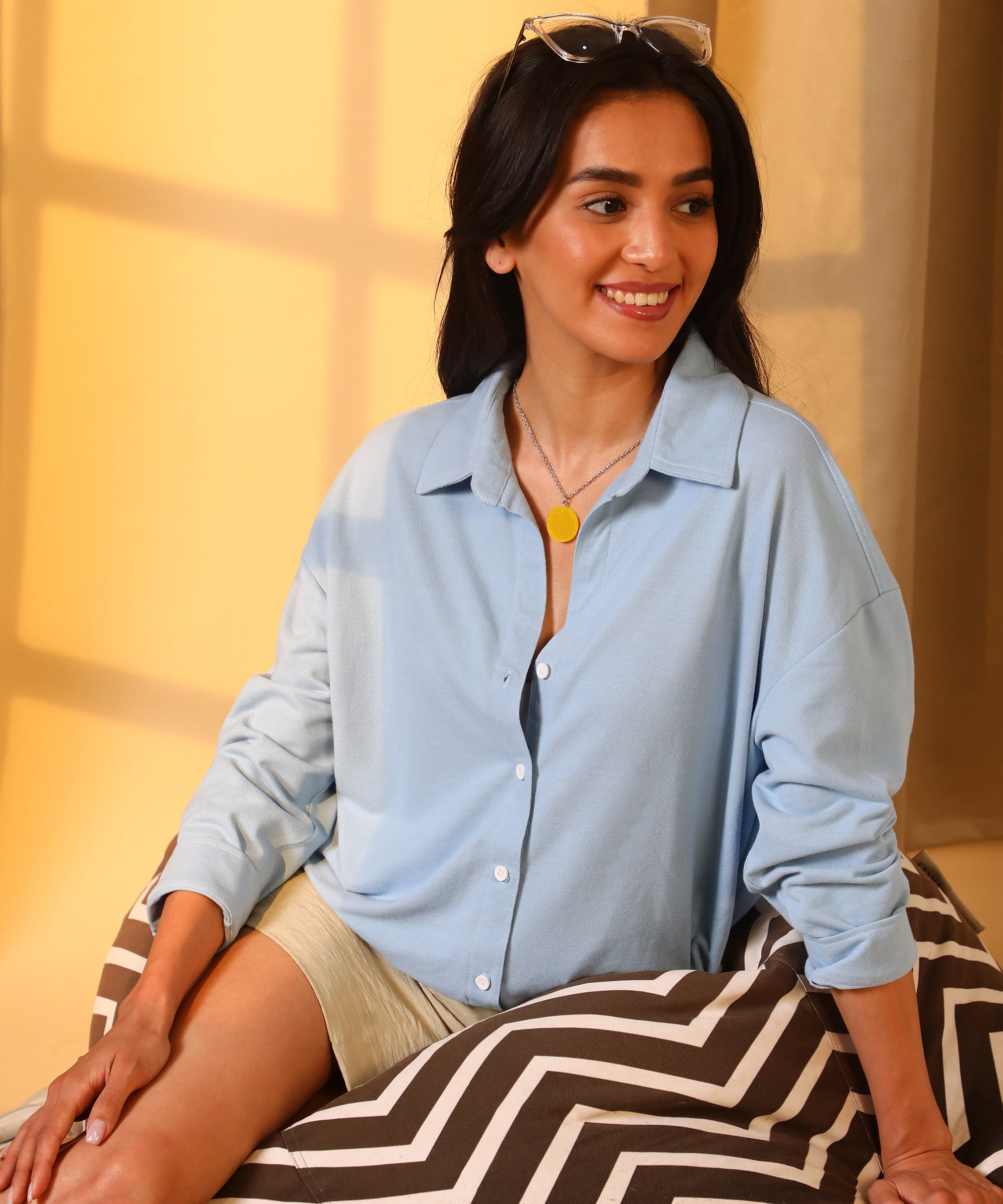 Women's Icy Blue Solid Casual Boxy Shirt