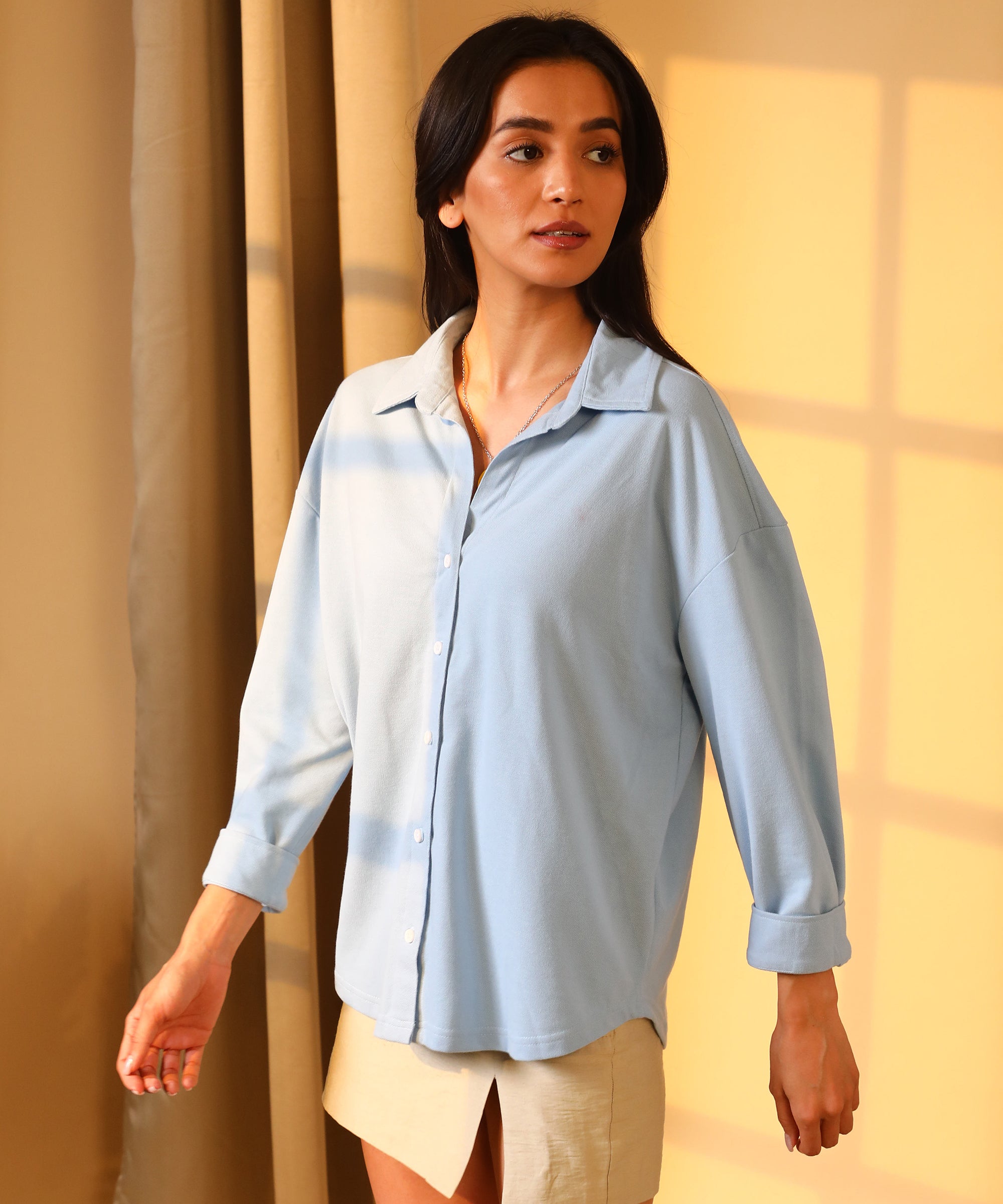 Women's Icy Blue Solid Casual Boxy Shirt