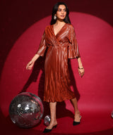 Women's Chocolate Brown Pleated Wrap Dress