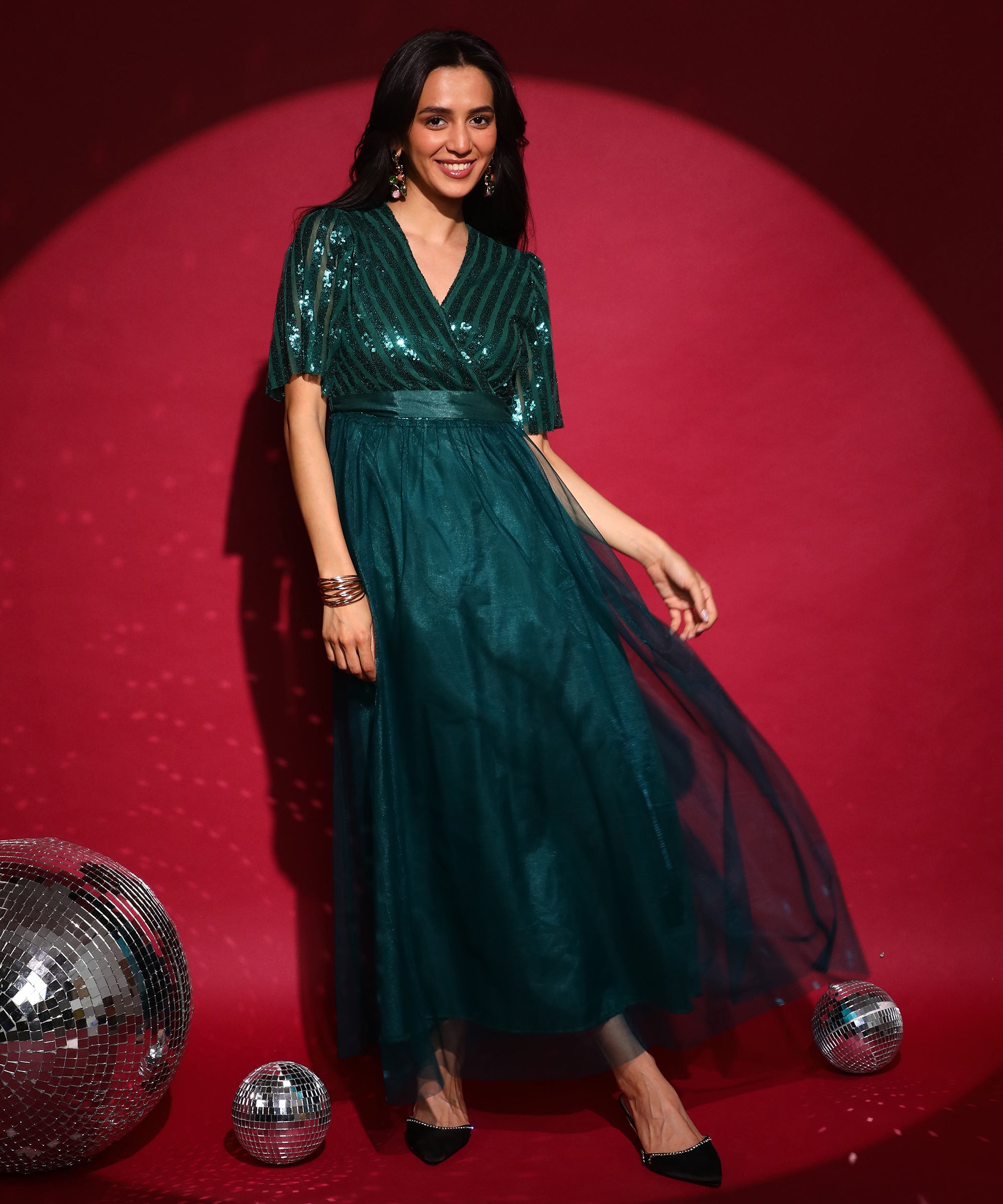 Women's Emerald Green Sequin Block Maxi Dress