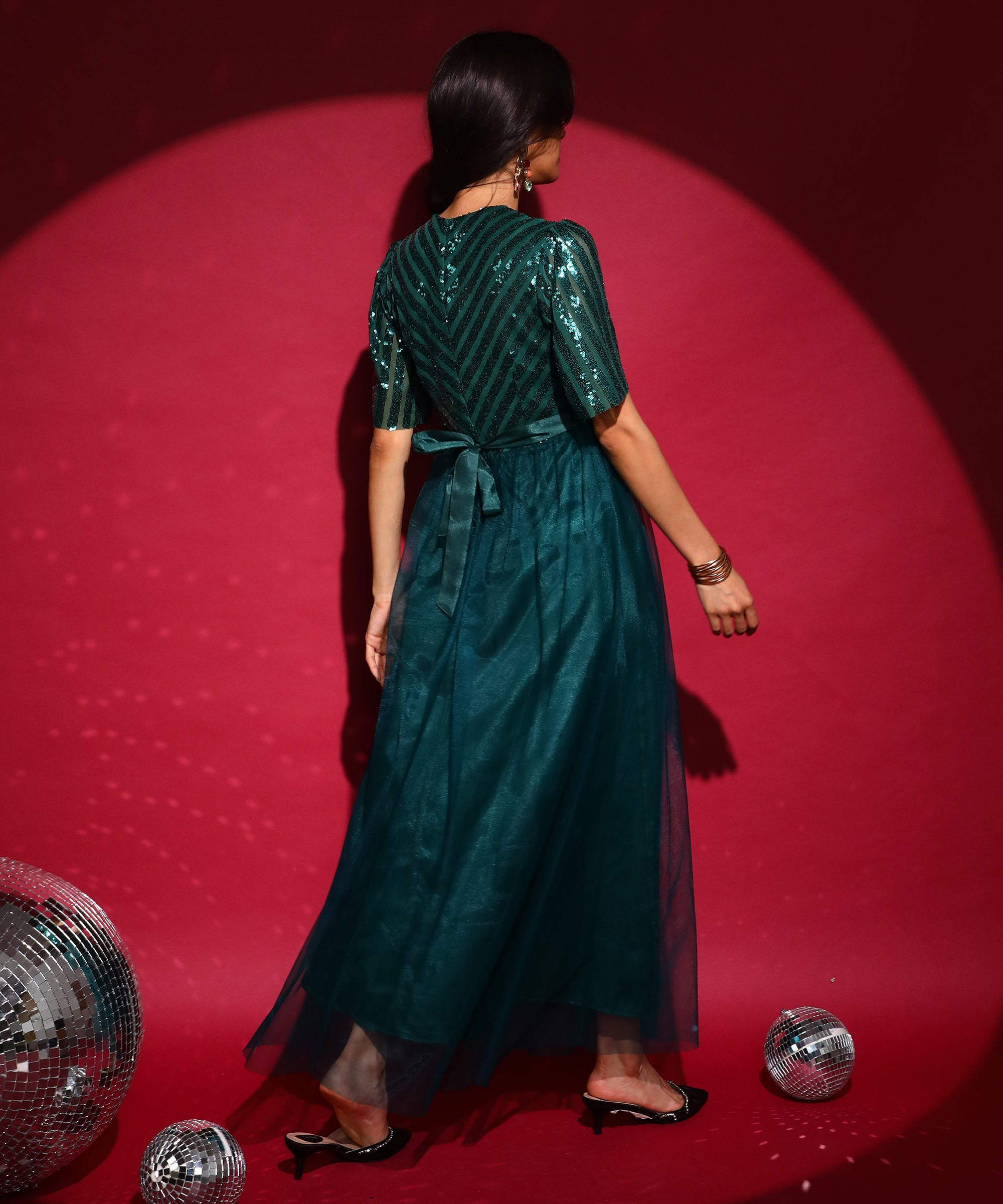 Women's Emerald Green Sequin Block Maxi Dress