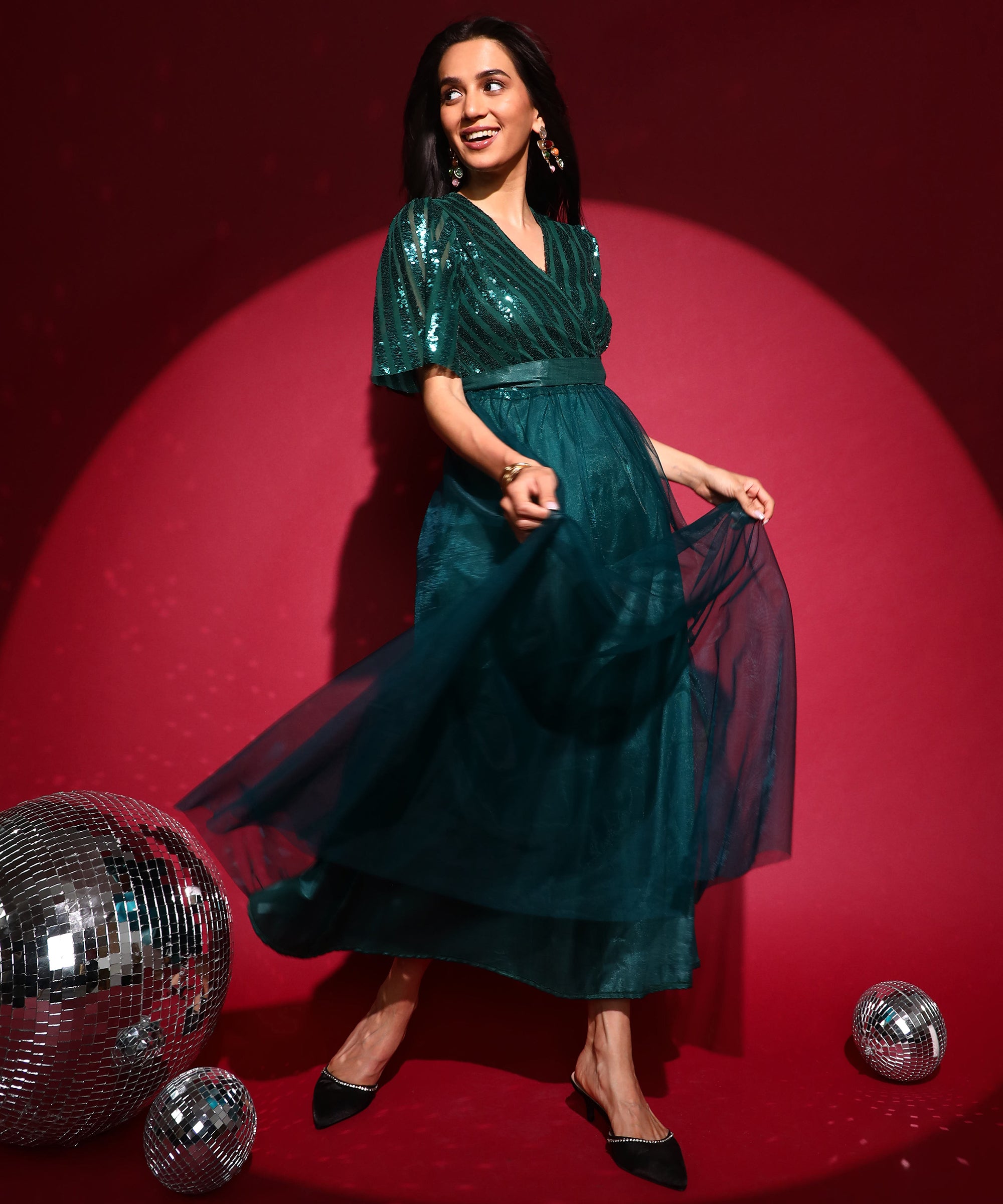 Women's Emerald Green Sequin Block Maxi Dress