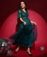 Women's Emerald Green Sequin Block Maxi Dress