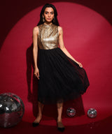 Women's Antique Gold & Midnight Black Sequin Block Midi Dress