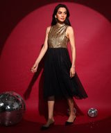 Women's Antique Gold & Midnight Black Sequin Block Midi Dress