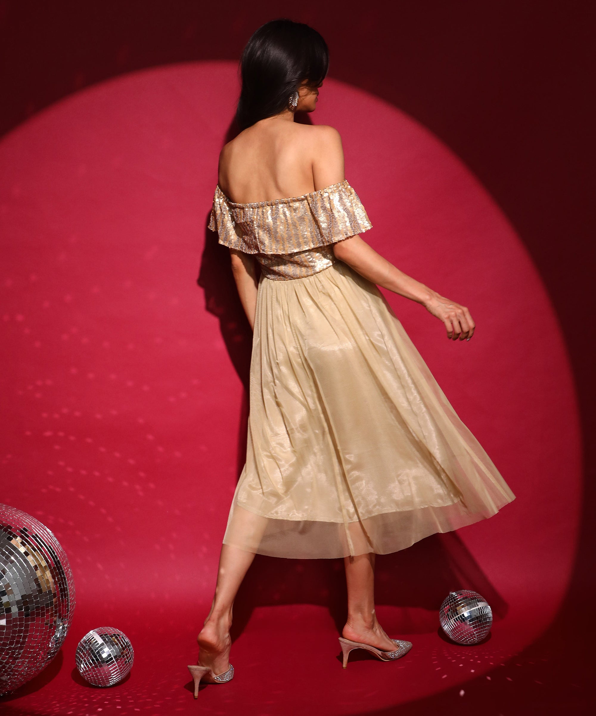 Women's Champayne Gold Sequin Block Dress