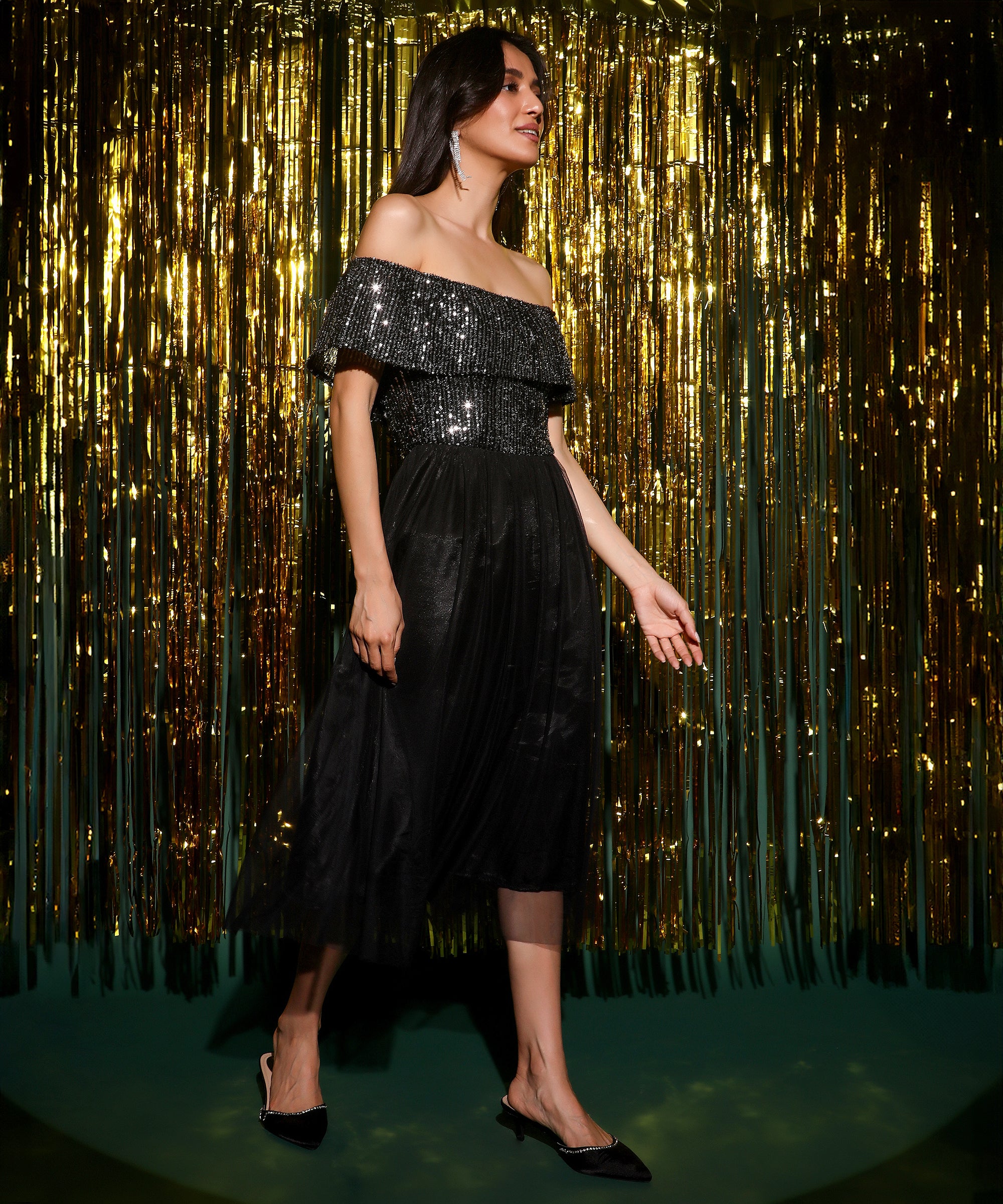 Women's Midnight Black Sequin Block Dress