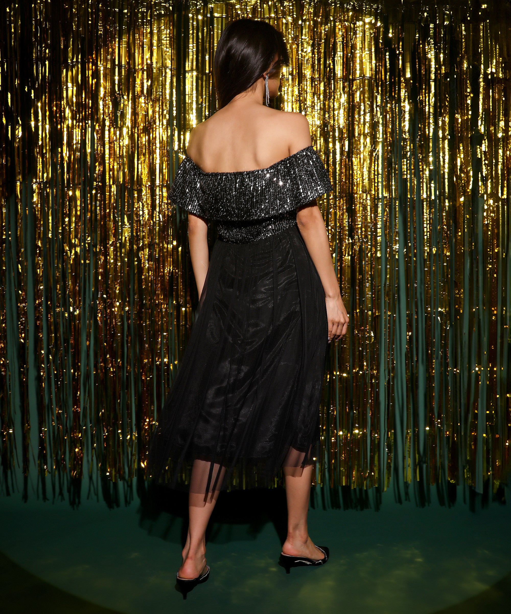 Women's Midnight Black Sequin Block Dress