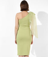 Women's Solid Sage Green With Organza Ribbon Detail Dress