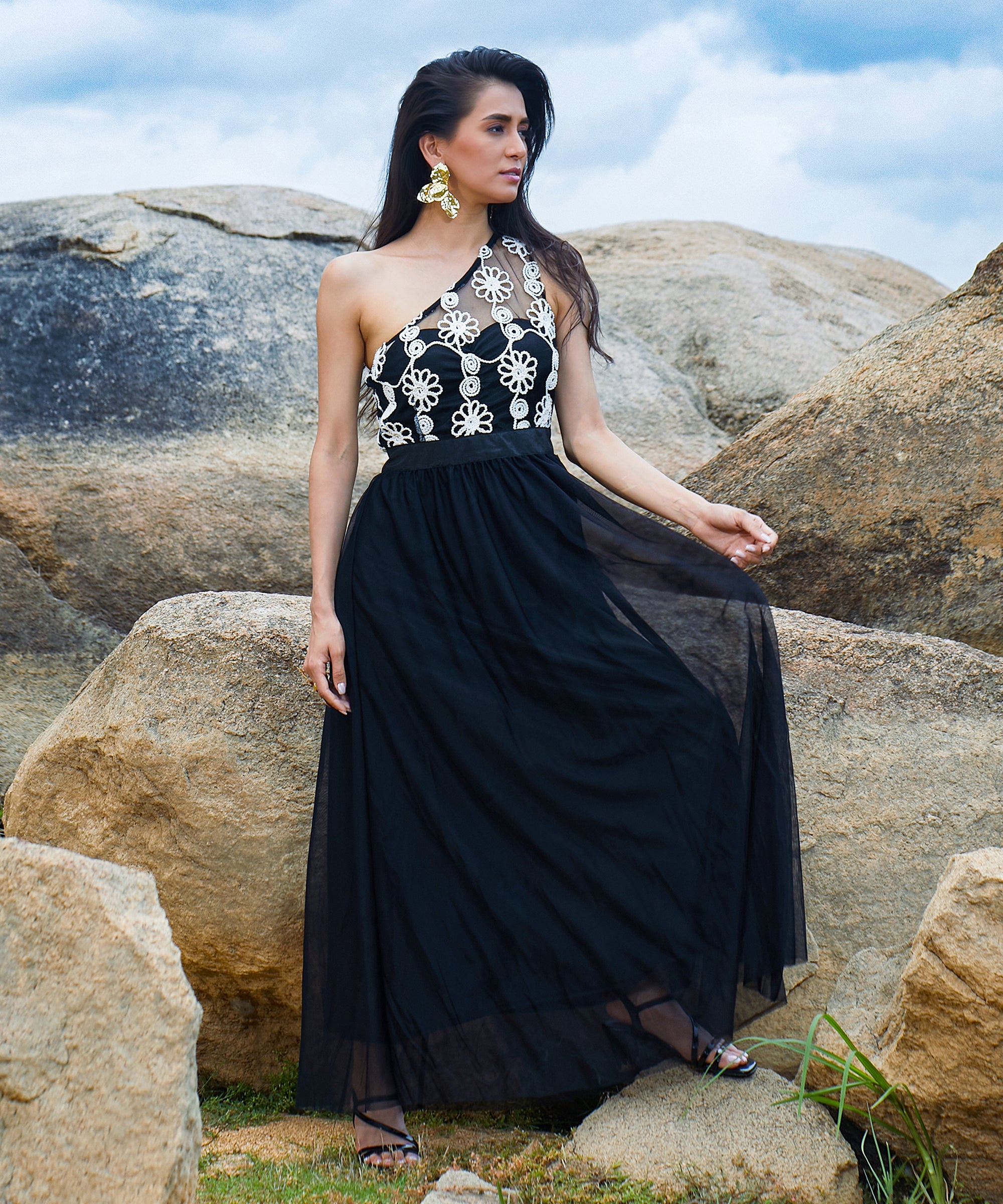 Women's Midnight Black Blossom Maxi Dress
