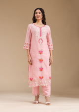 Women's Baby Pink Threadwork Semi Crepe Readymade Salwar Suit