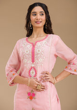 Women's Baby Pink Threadwork Semi Crepe Readymade Salwar Suit