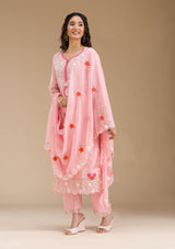 Women's Baby Pink Threadwork Semi Crepe Readymade Salwar Suit