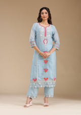 Women's Sky Blue Threadwork Semi Crepe Readymade Salwar Suit