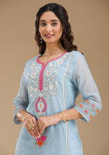 Women's Sky Blue Threadwork Semi Crepe Readymade Salwar Suit