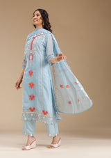 Women's Sky Blue Threadwork Semi Crepe Readymade Salwar Suit