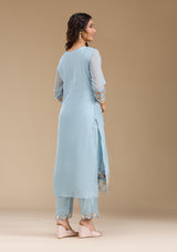 Women's Sky Blue Threadwork Semi Crepe Readymade Salwar Suit