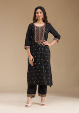 Women's Black Threadwork Semi Crepe Readymade Salwar Suit