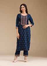 Women's Navy Blue Threadwork Semi Crepe Readymade Salwar Suit