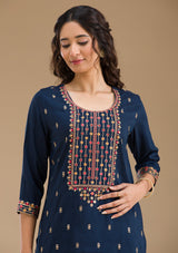 Women's Navy Blue Threadwork Semi Crepe Readymade Salwar Suit with Dupatta