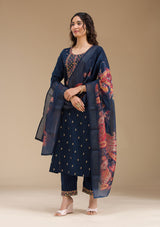 Women's Navy Blue Threadwork Semi Crepe Readymade Salwar Suit