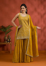Women's Yellow Silver Zariwork Georgette Readymade Salwar Suit