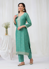 Women's Sea Green Sequins Raw Silk Readymade Salwar Suit