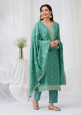 Women's Sea Green Sequins Raw Silk Readymade Salwar Suit